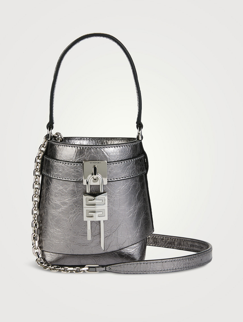 Micro Shark Lock Metallic Leather Bucket Bag