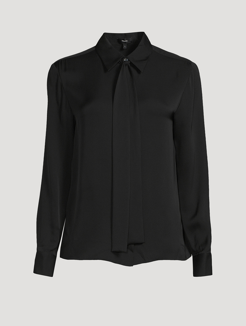 Fine Collection Black Collared Modal Silk Long Sleeve Top - Small