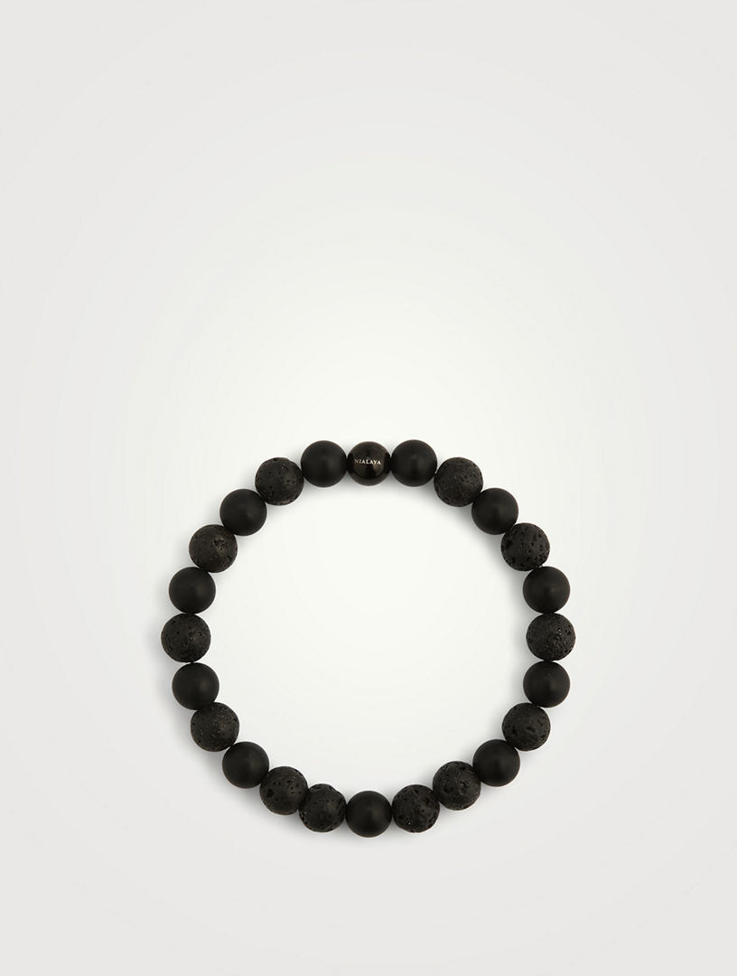 Men's Black Beaded Bracelet: Onyx & Nylon Woven