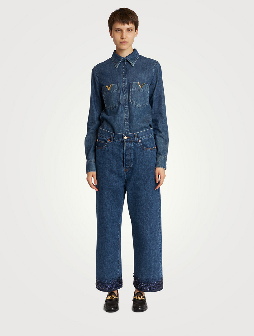 Embellished Hem Wide-Leg Jeans