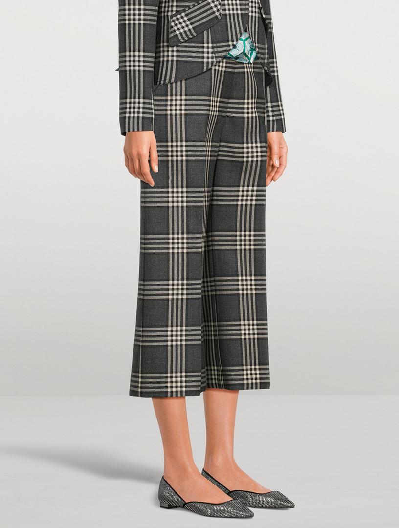 Wide-Leg Wool Trousers Plaid Print