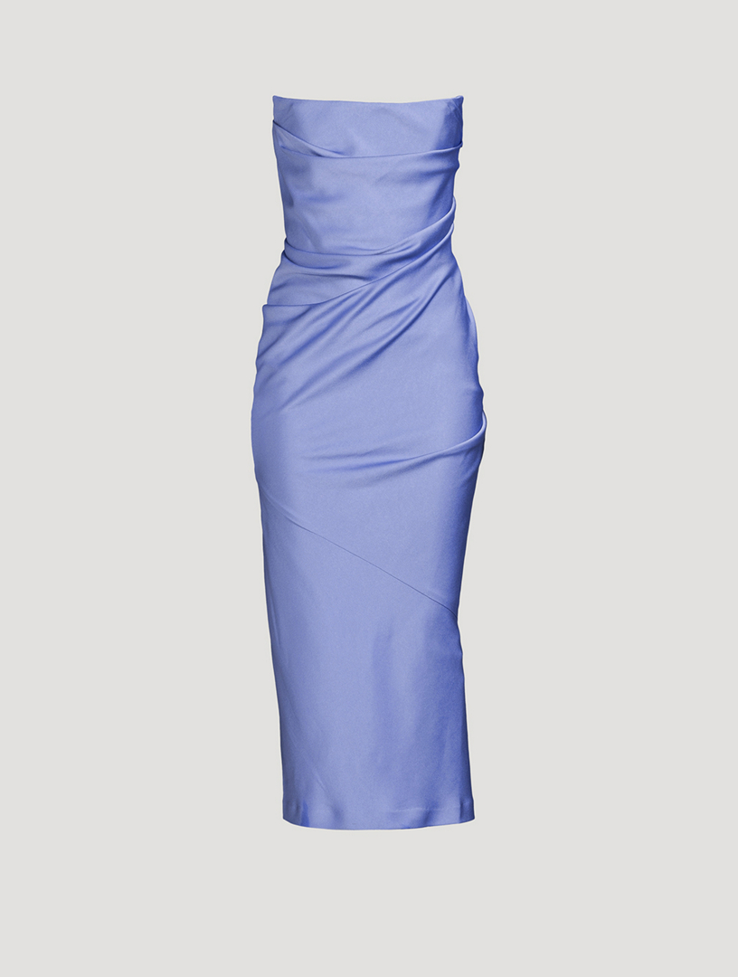 ALEX PERRY Draped Strapless Satin Crpe Midi Dress | Holt Renfrew