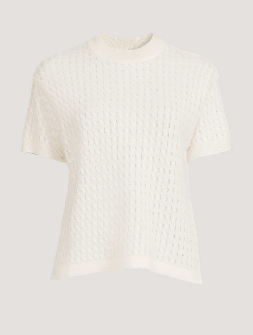 Cashmere Cable Pointelle Knit Short-Sleeve Sweater