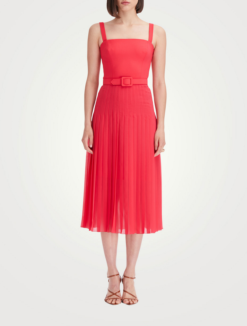 Belted Chiffon Inset Wool Midi Dress