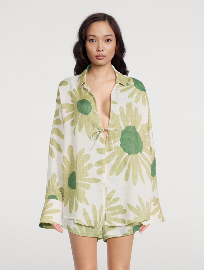 Linen Tie Shirt Aloe Flower Print