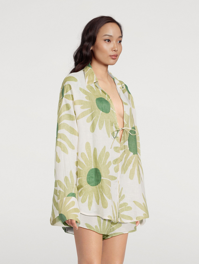 Linen Tie Shirt Aloe Flower Print