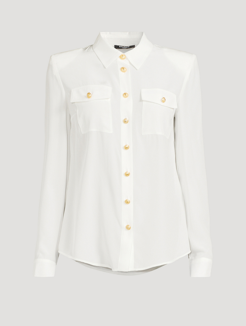 Long-Sleeve Buttoned-Down Silky Crepe Blouse