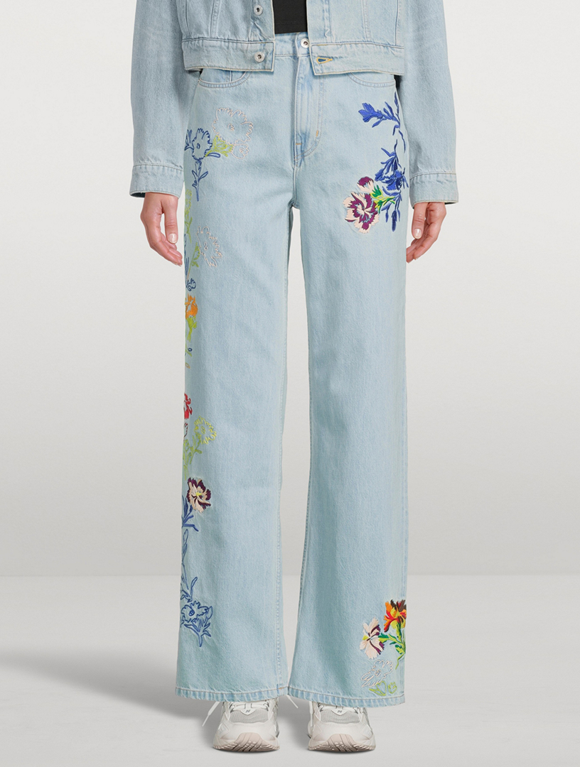 Sumire Kenzo Drawn Flowers Embroidered Wide-Leg Jeans