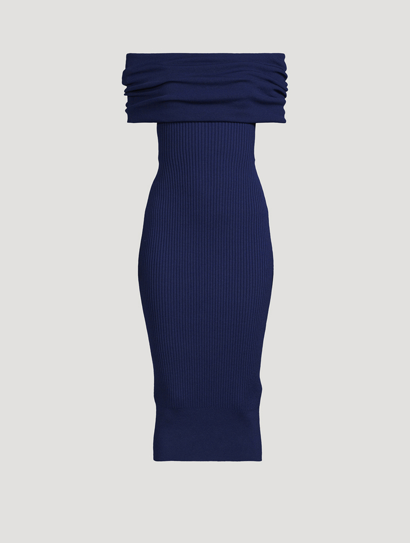 Off-The-Shoulder Rib-Knit Midi Dress