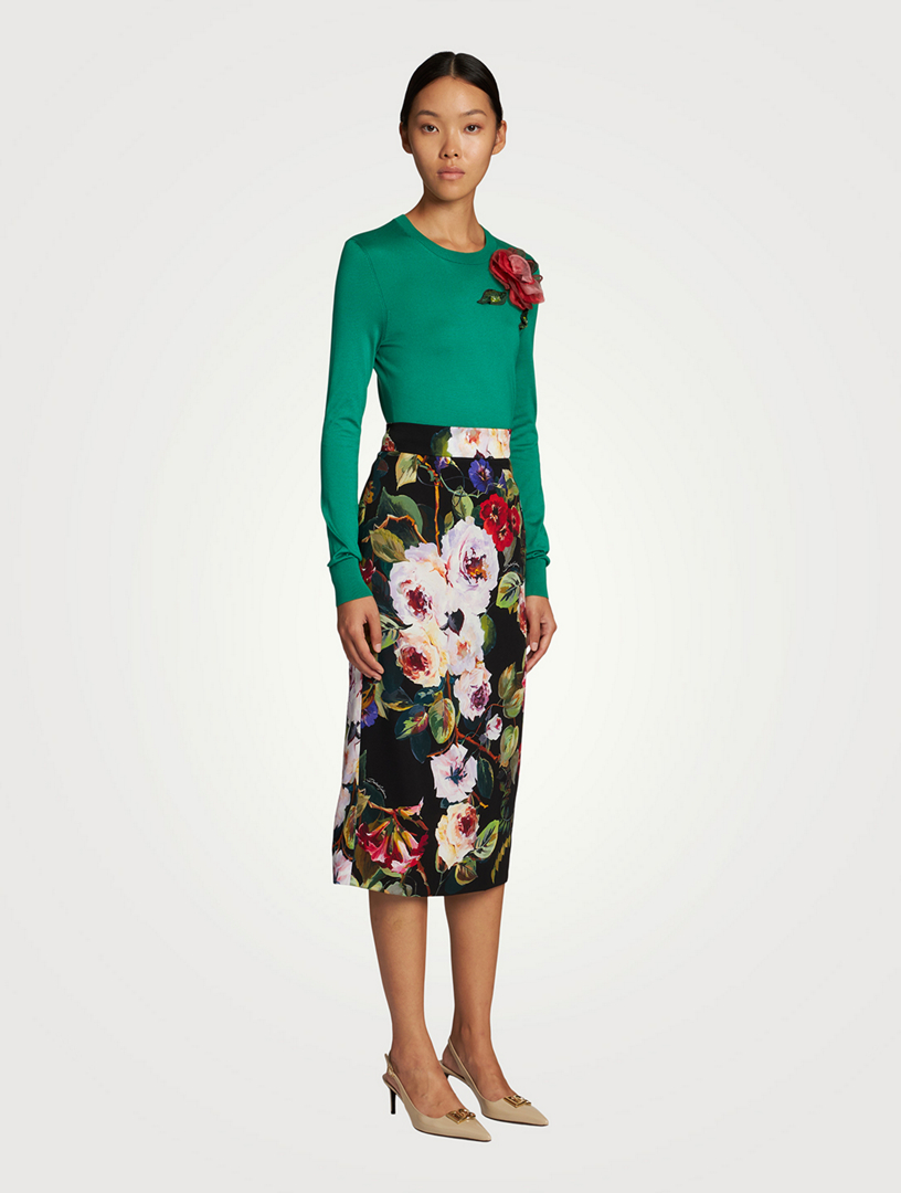 Silk Charmeuse Midi Skirt Floral Print