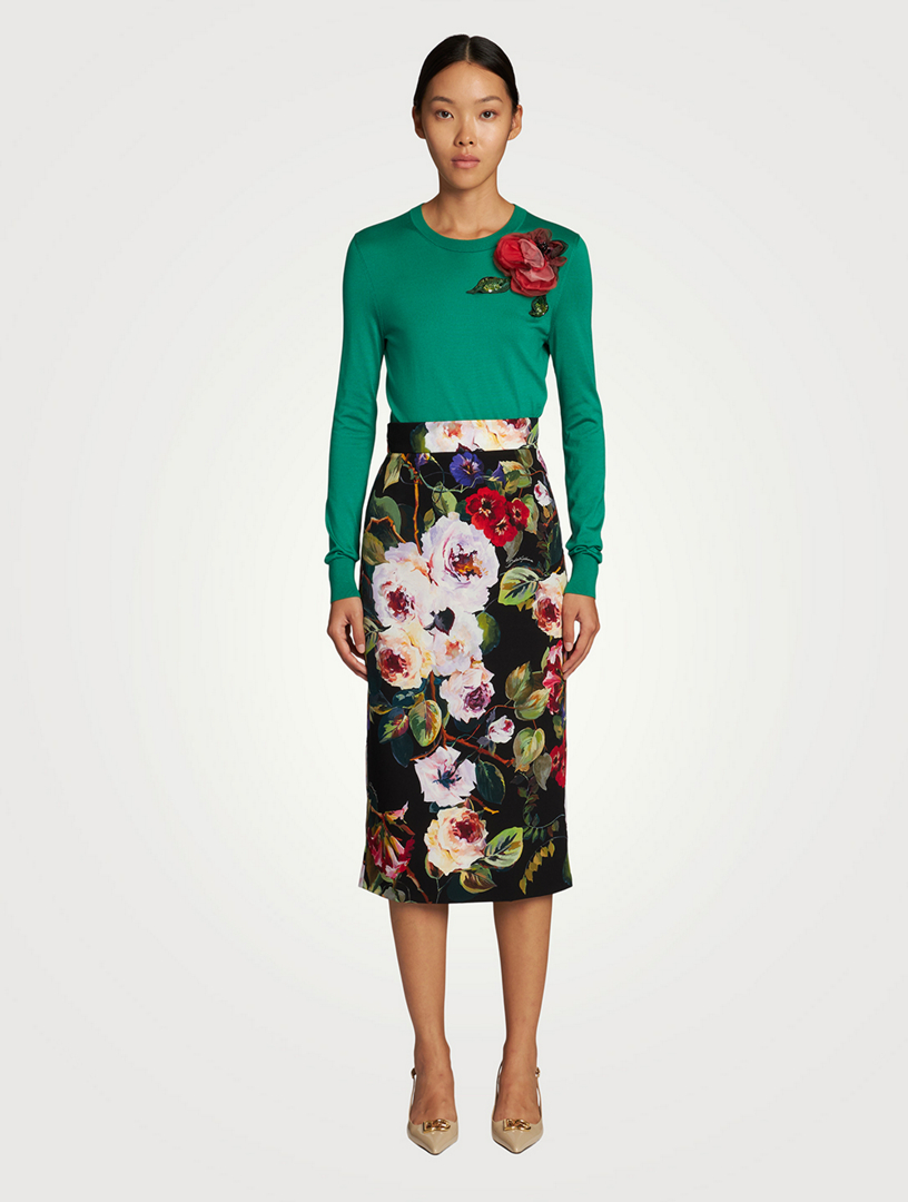 Silk Floral Appliqué Crewneck Sweater