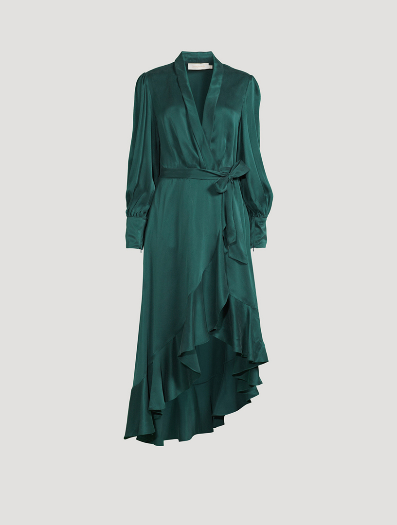 Blouson-Sleeve Shawl-Collar Wrap Dress