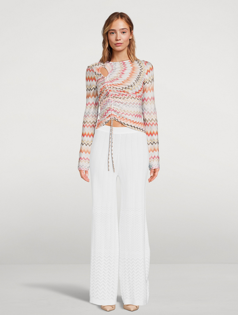 Ruched Long-Sleeve Top Zig Zag Print