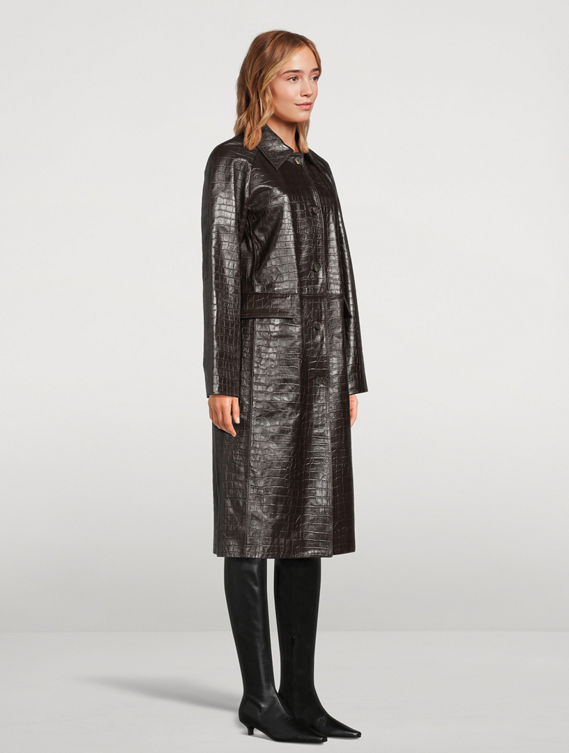 Croc-Embossed Leather Midi Coat