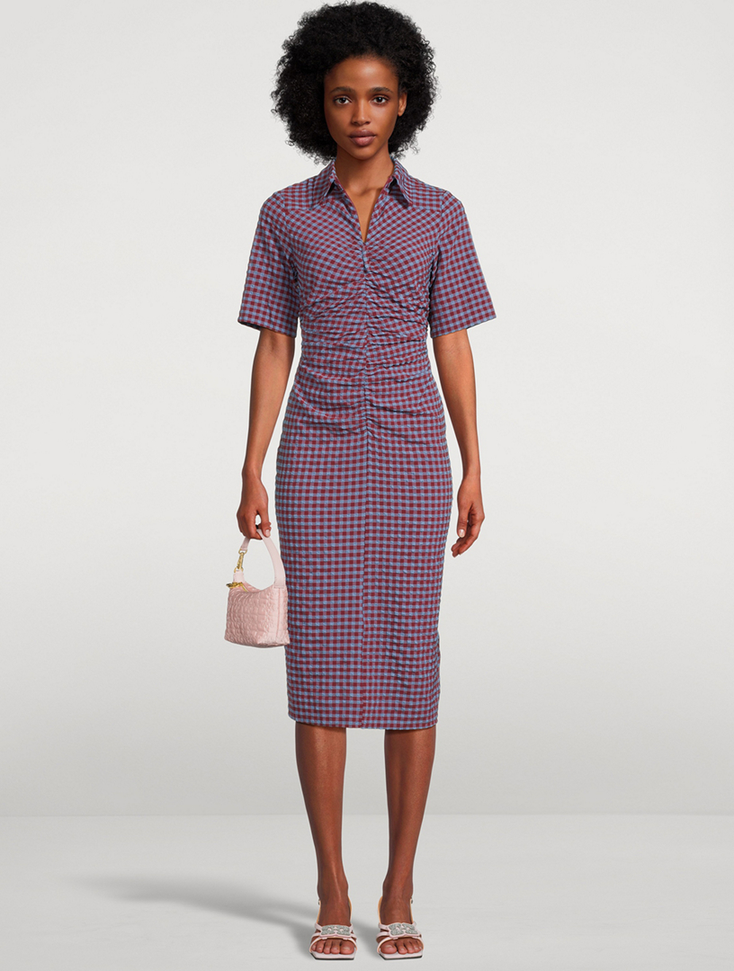 Ruched Seersucker Dress Gingham Print