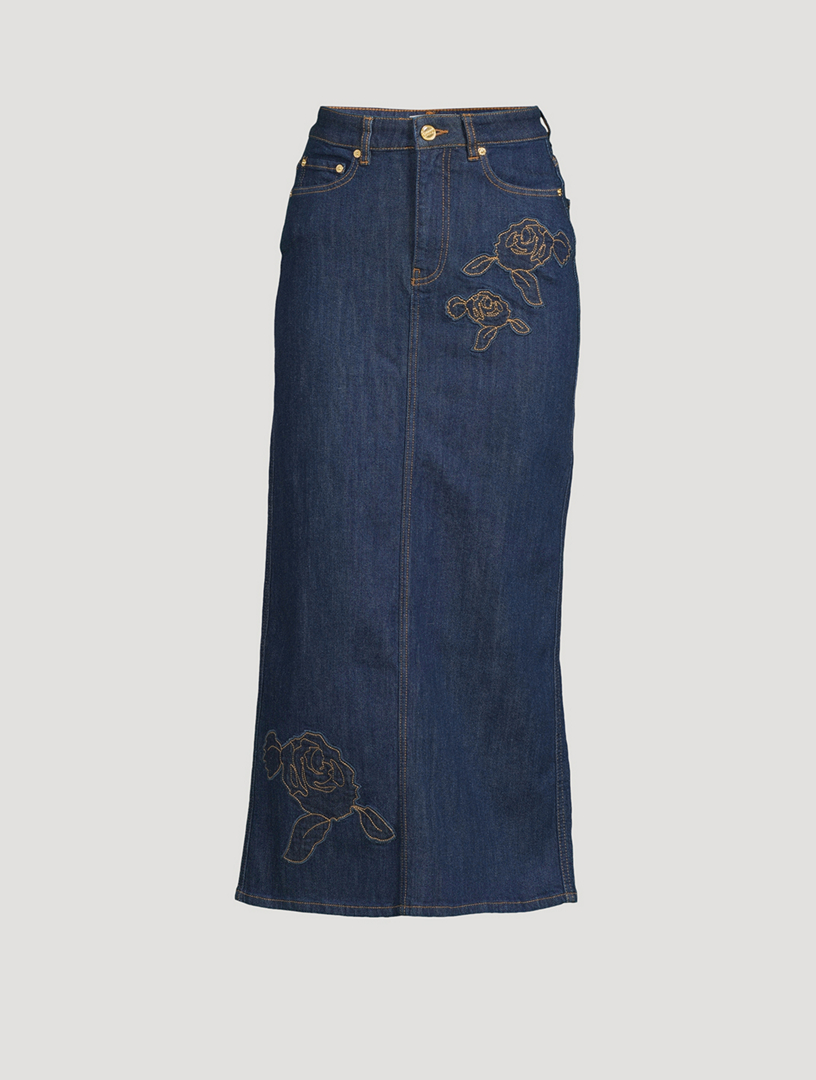 Rose-Embroidered Denim Maxi Skirt