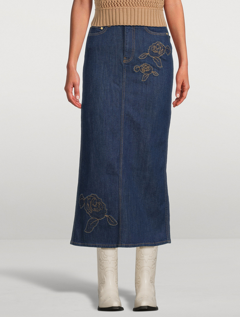 Rose Embroidered Denim Maxi Skirt