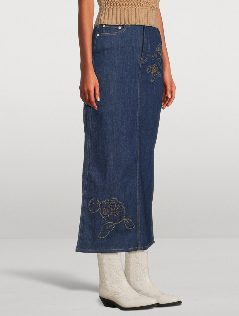 Rose-Embroidered Denim Maxi Skirt