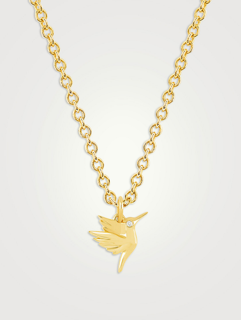 EF COLLECTION 14K Gold Hummingbird Pendant Necklace With Diamonds