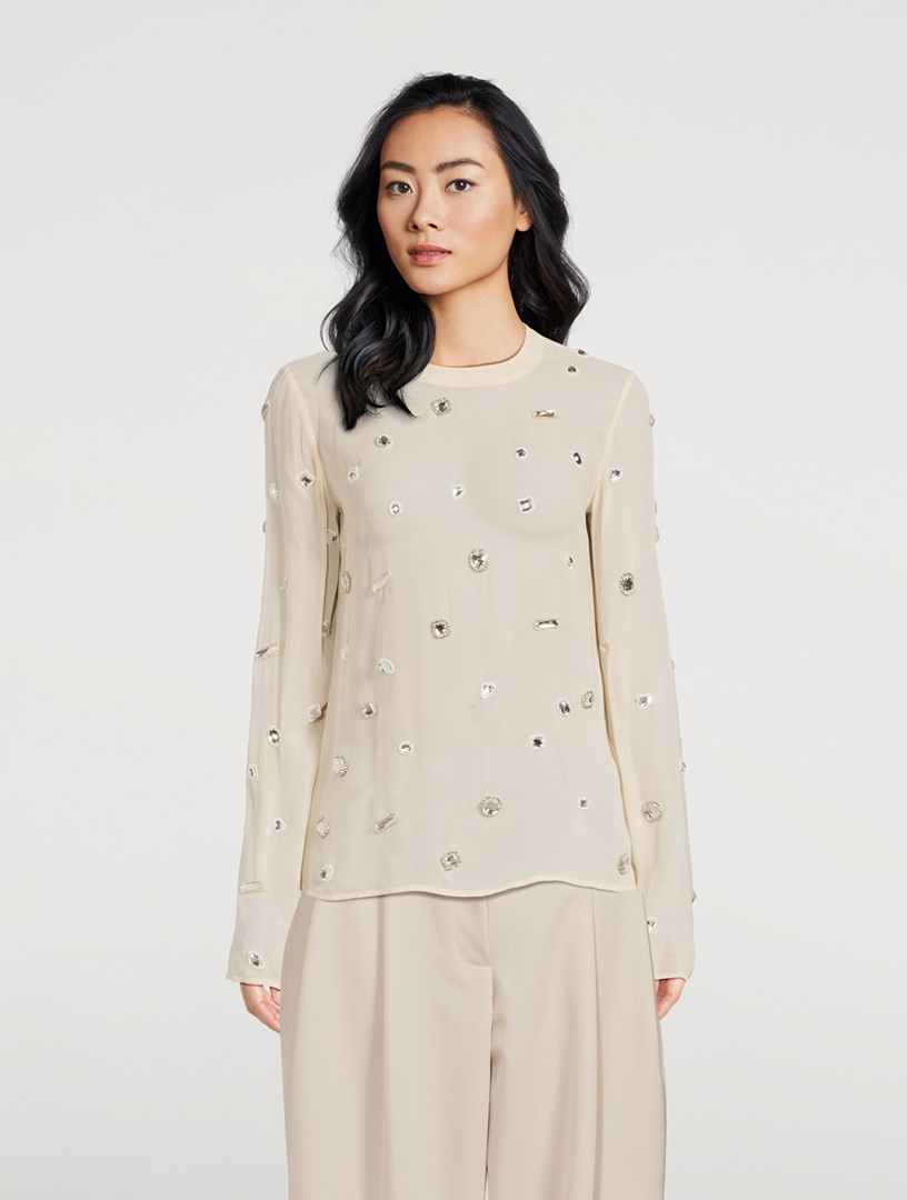 Halo-Embroidered Silk Chiffon Top