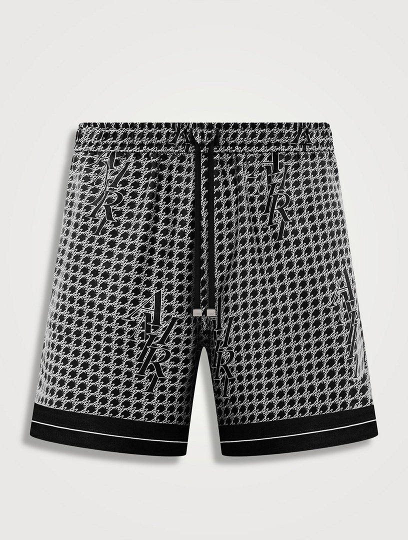 Staggered Logo Silk Shorts Houndstooth Print