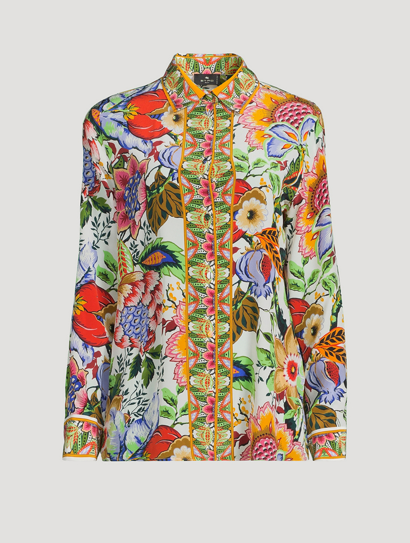 Crepe De Chine Silk Shirt Floral Print