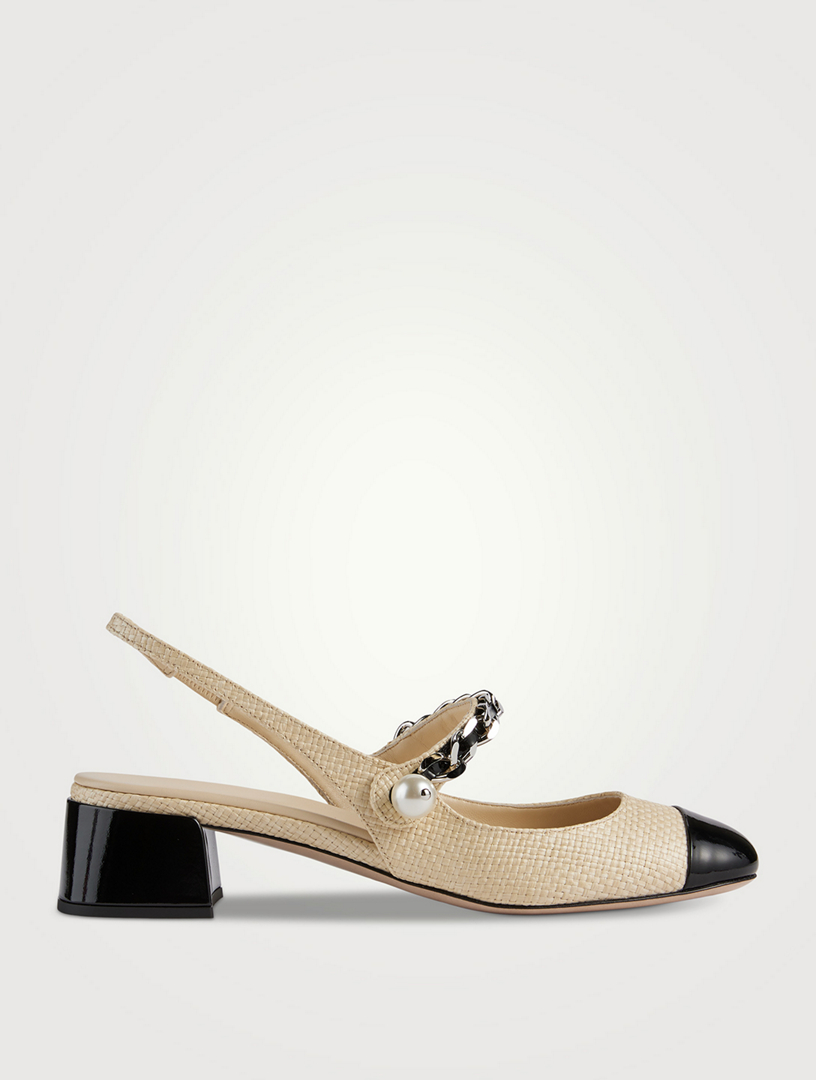 Raffia Mary Jane Pumps With Pearl Chain Strap