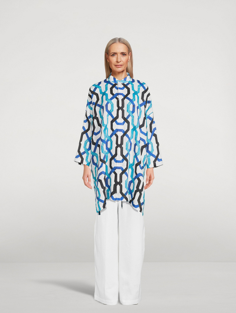 Longline Linen Shirt Tile Print