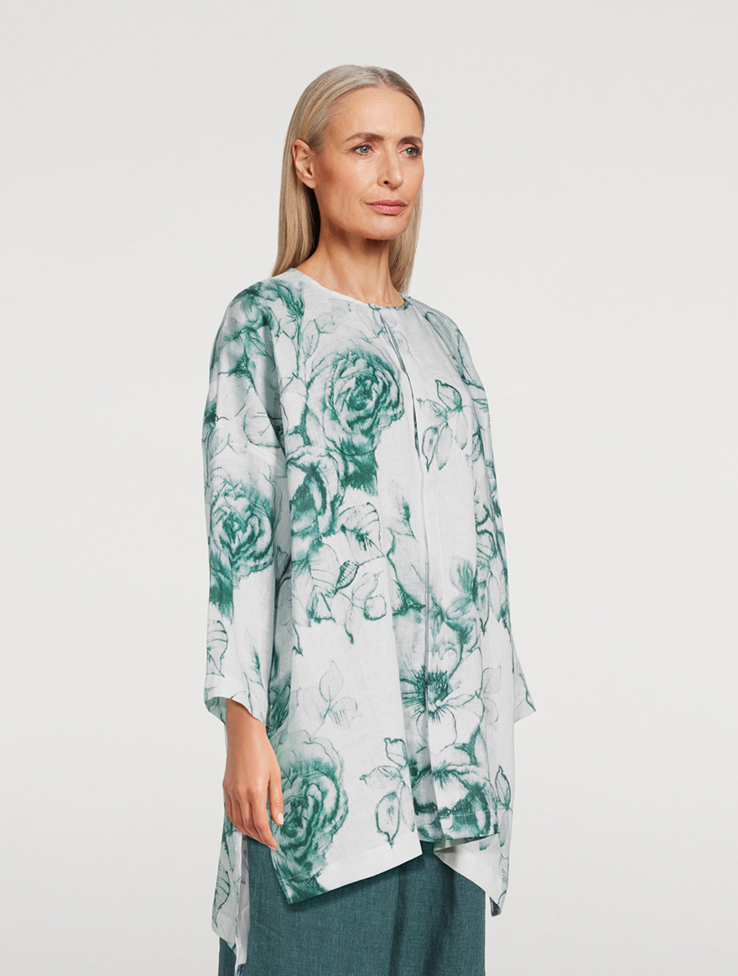 Longline Linen Blouse In Floral Print