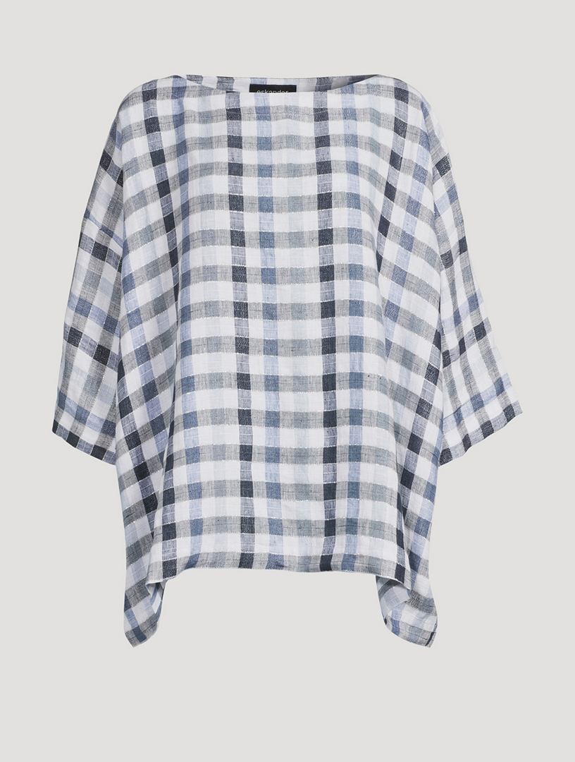 Linen-Blend Top Plaid Print