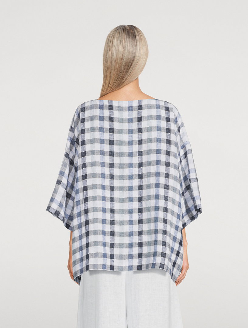 Linen-Blend Top In Plaid Print