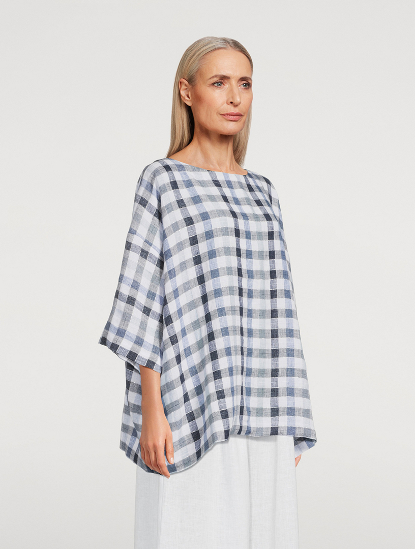 Linen-Blend Top In Plaid Print