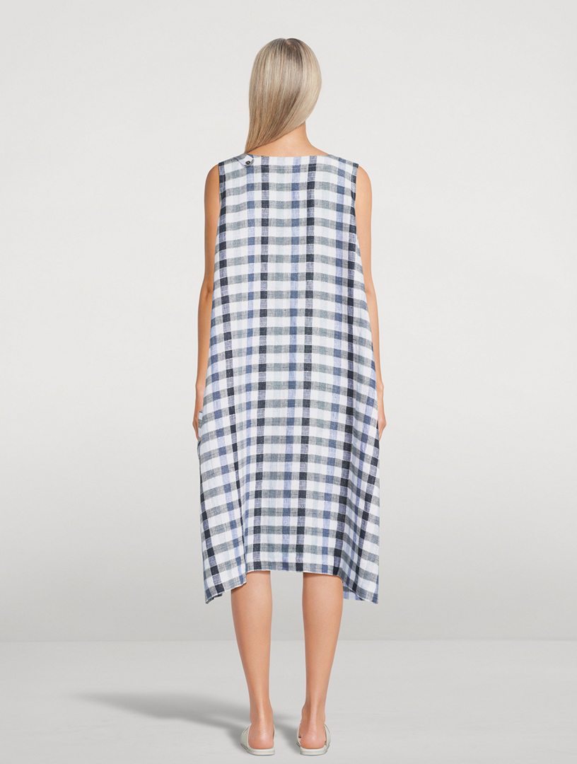 Linen-Blend Midi Dress Plaid Print