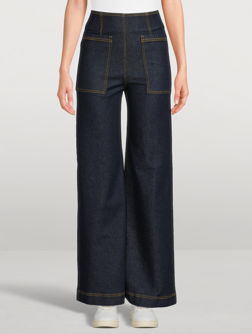 Cargo Pocket Double Leg and Metal Gold Button Detail Palazzo Denim