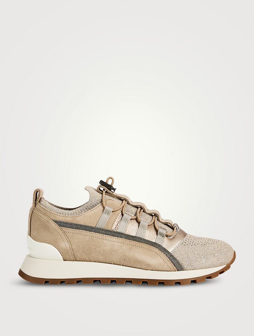 Drawcord Suede And Lurex Sneakers
