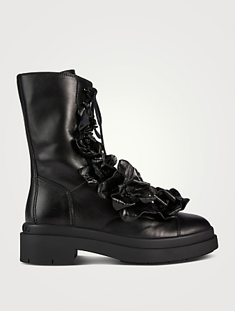Nari Floral Appliqué Leather Combat Boots