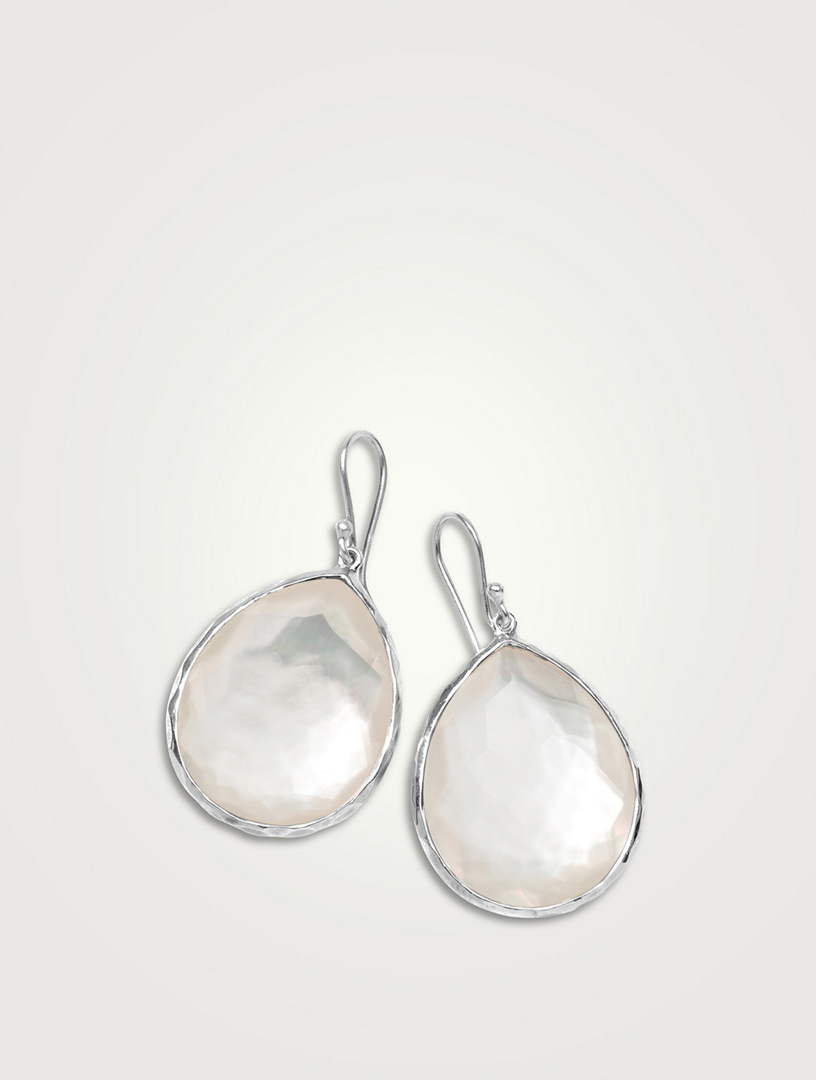 Large Rock Candy Sterling Silver Teardrop Earrings With Rock Crystal And Mother-Of-Pearl