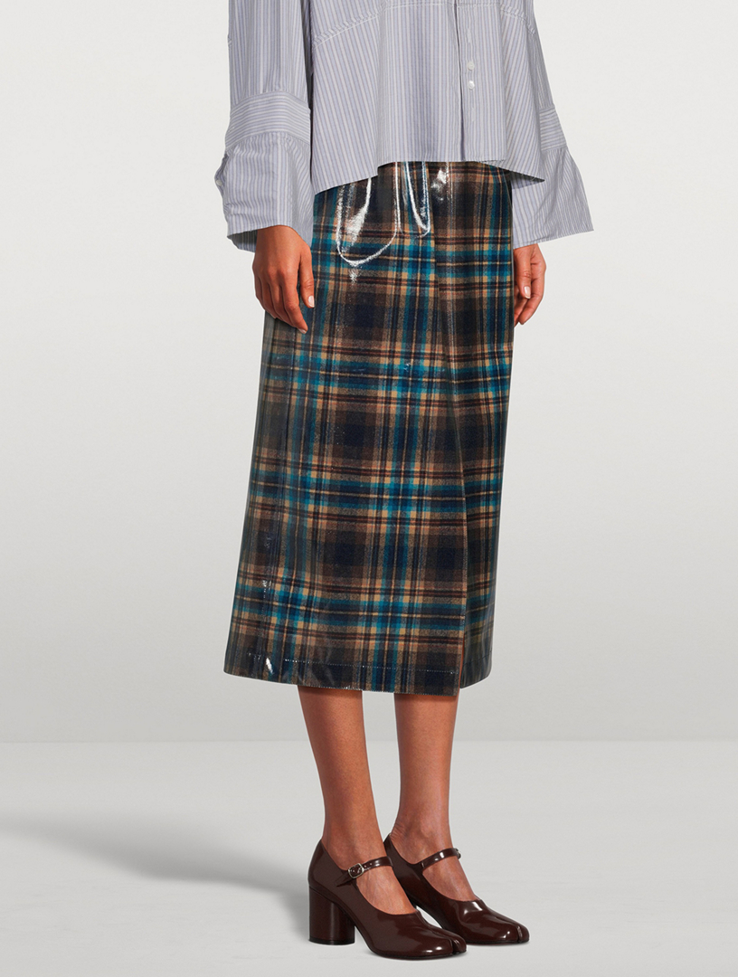 Coated Wool Midi Skirt Plaid Print