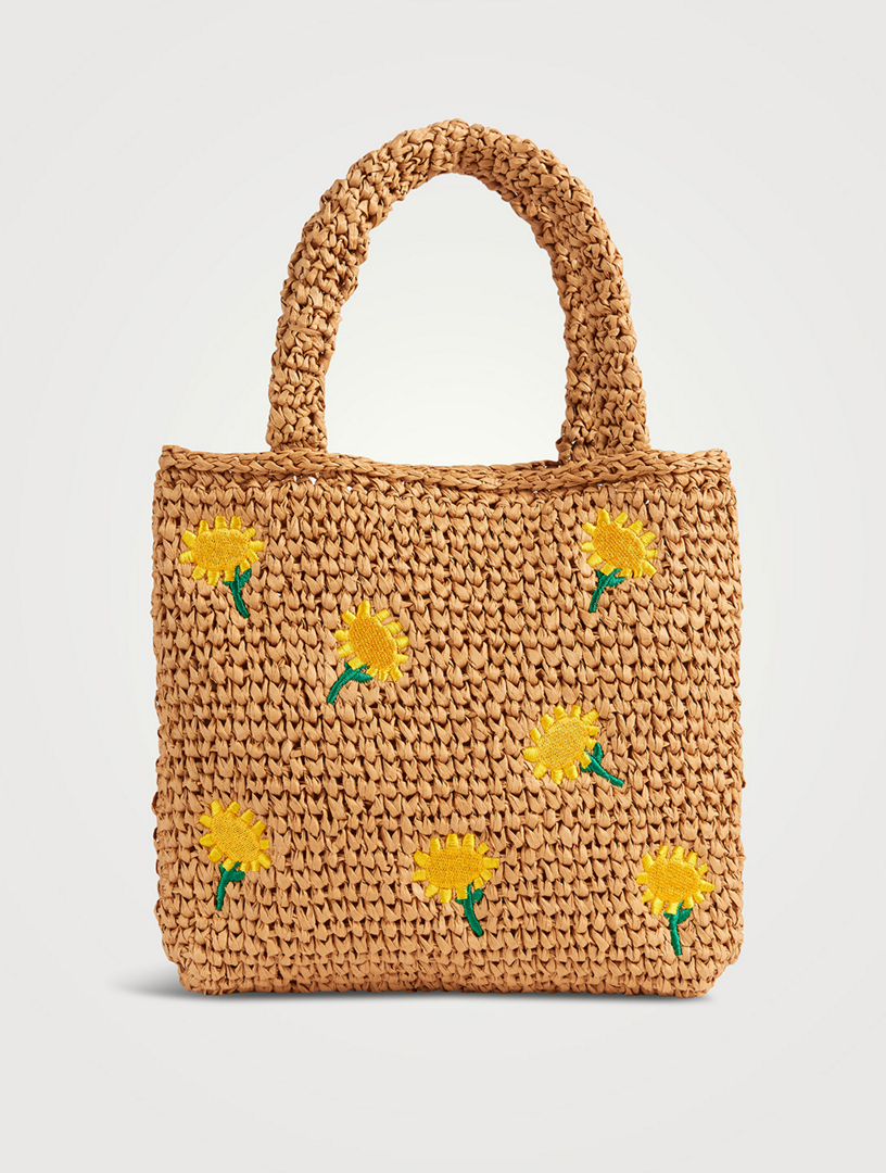 Sunflower Embroidery Raffia Tote Bag
