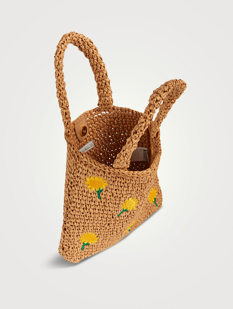 Sunflower Embroidery Raffia Tote Bag