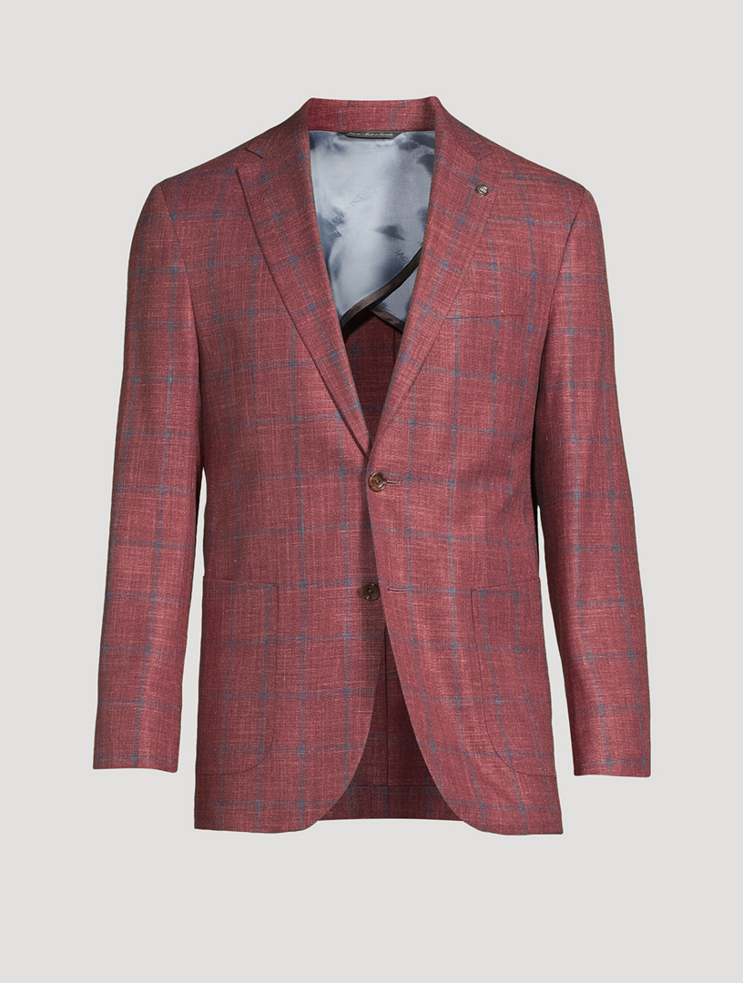 Hampton Wool Silk And Linen Stretch Jacket Windowpane Print