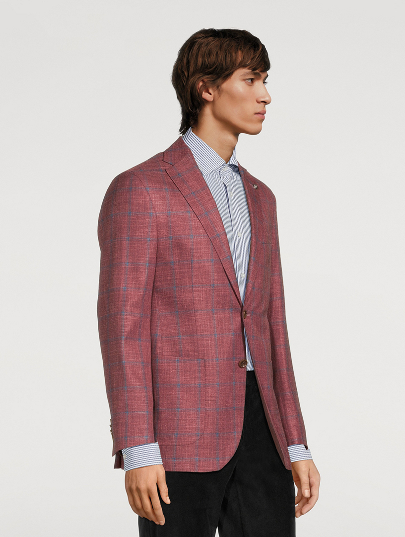 Hampton Wool Silk And Linen Stretch Jacket Windowpane Print