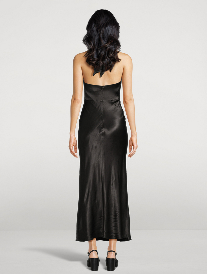 slim fit dress slacks La Lune Plunged Halter Midi Dress | Black | Dresses
