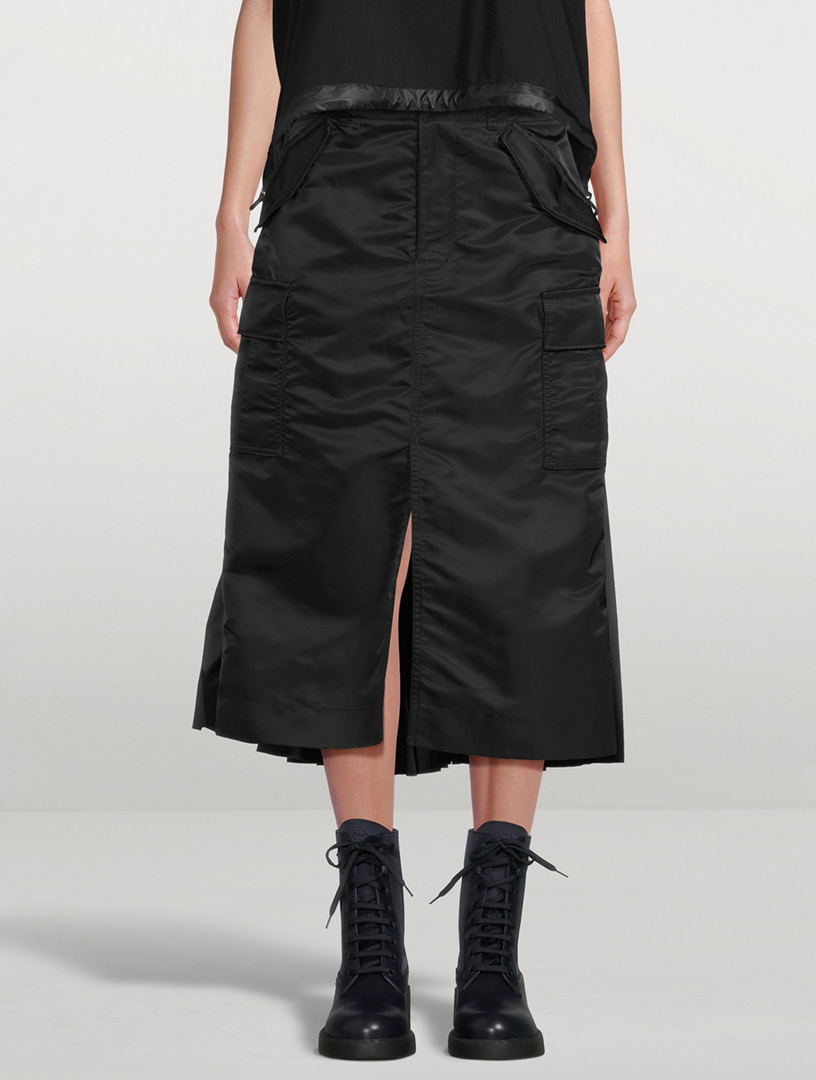 Nylon Twill Pleated Midi Skirt