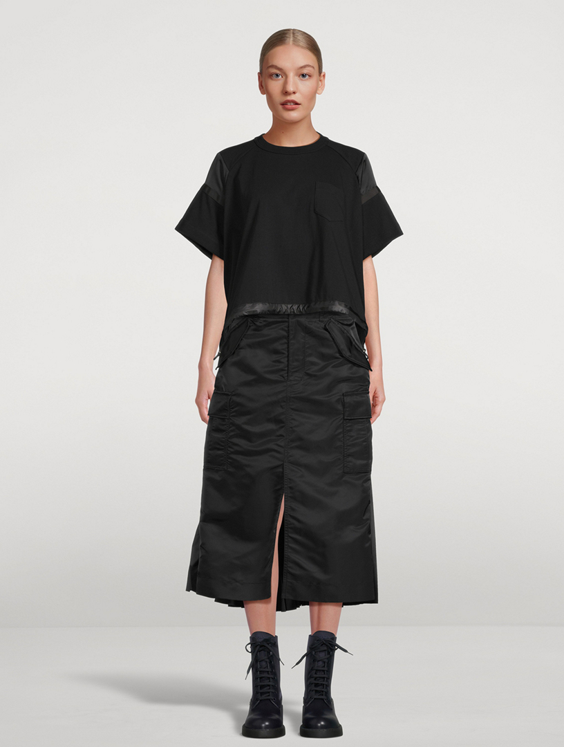 Nylon Twill Pleated Midi Skirt