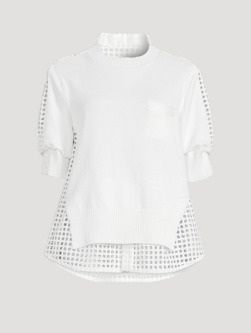 Perforated-Back Short-Sleeve Sweater