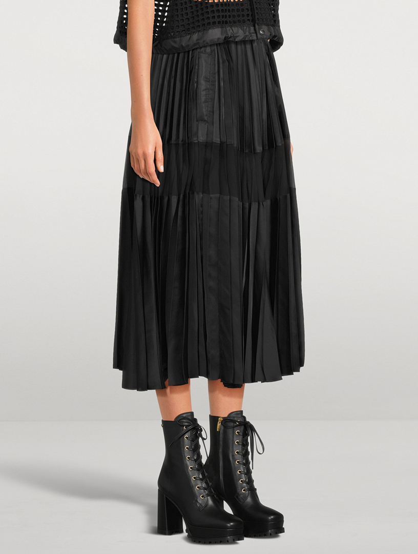 Pleated Nylon Twill Midi Skirt