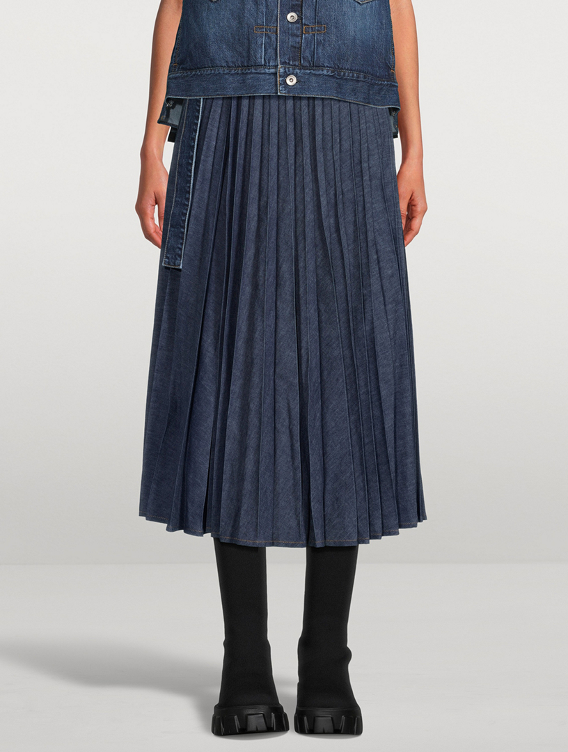 Pleated Denim Midi Skirt