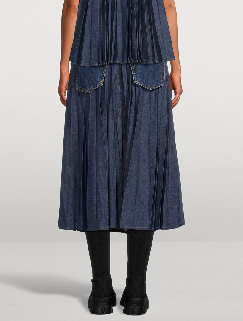 Pleated Denim Midi Skirt