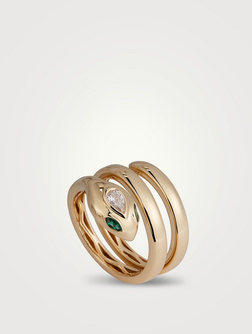 18K Gold Snake Pinky Coil Ring With Diamonds And Tsavorite